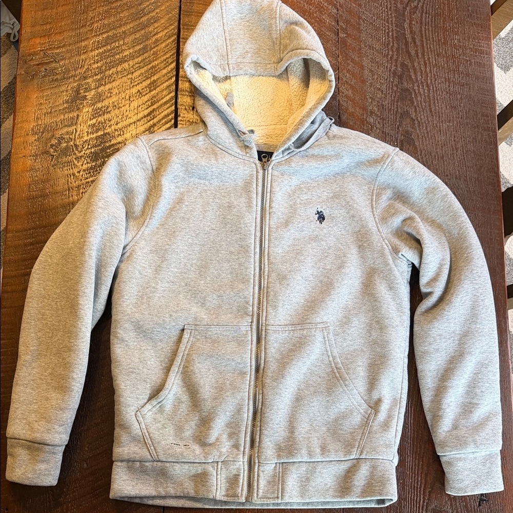 US Polo Assn Full Zip Hoodie Mens Small Gray Fleece Sweatshirt Lightweight Casua